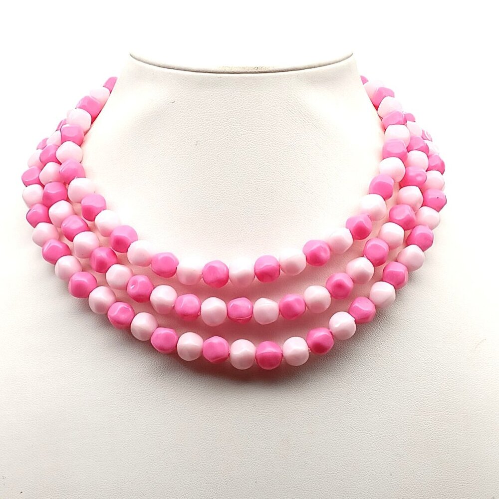 Vintage Pink & White Multi-Strand Beaded Necklace Adjustable Length Plastic Bead
